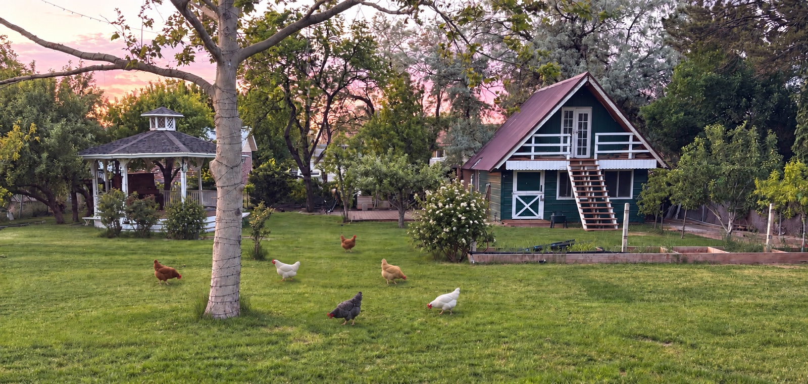 Six chickens roaming the Caito backyard beside a flowering bush, gazebo, and garden house at sunset